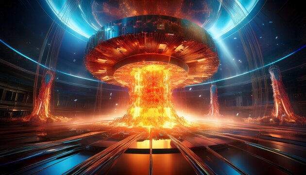 nuclear fission inside a reactor showing neutrons splitting uranium atoms with bursts of energy