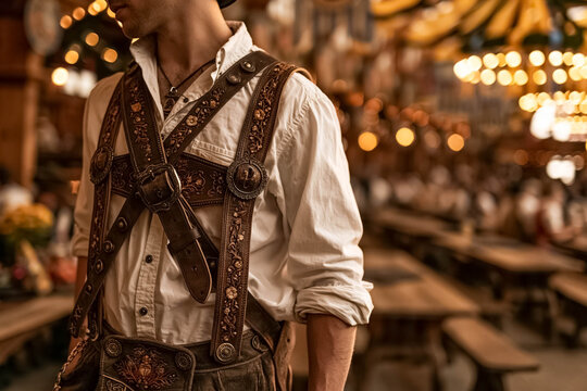 Traditional Bavarian Lederhosen and Embroidered Leather Suspenders at Oktoberfest