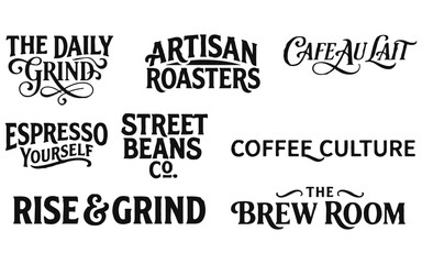 Fototapeta premium Collection of vintage style coffee shop logo typography designs featuring various artistic fonts for branding and cafe signage projects