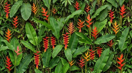Fototapeta premium Vibrant Heliconia Flowers Blooming Amidst Lush Green Tropical Foliage.