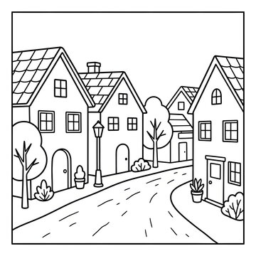 Black and white illustration of a quaint village scene.