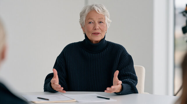 Forensic pathologist elderly woman in a minimalist studio being interviewed on camera about a year-in-review cold case, speaking calmly with professional authority, her notes from