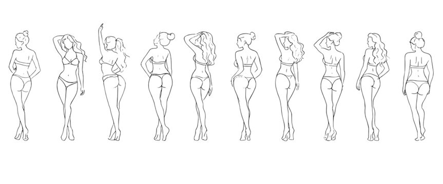 Collection of female figure line art poses for fashion design