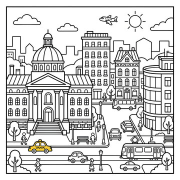 Black and white illustration of a small town with a church and houses.