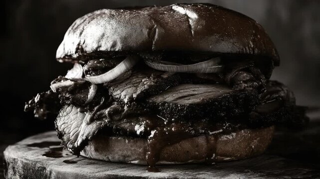 Delicious steak sandwich with melted cheese and caramelized onions on a toasted bun.