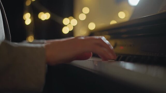 White woman hands on piano keys, nighttime practice with bokeh lights and red nail accents, soft cinematic glow framing intimate fingerwork, gentle melody and relaxed lofi atmosphere for study