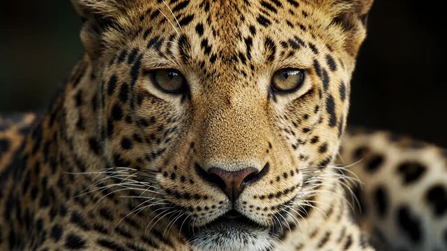 Close up portrait of leopard looking at camera.