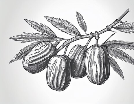 hand drawn dried date fruit on branch monochrome sketch isolated on white background healthy sweet palm food
