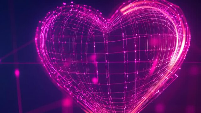 A glowing pink heart in a digital glitch style pattern set against a dark backdrop.
