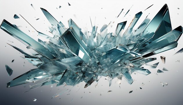 explosion of shattered glass shards in crystalline 3d style on white background