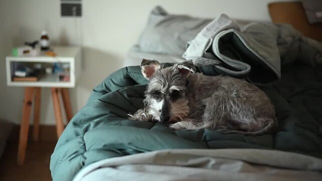 Miniature schnauzer dog sleeping comfortably on a bed