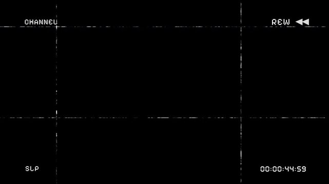 Retro VHS tape rewind effect featuring a black screen with analog on screen display indicators like timecode channel and sleep with heavy film grain and glitch defects