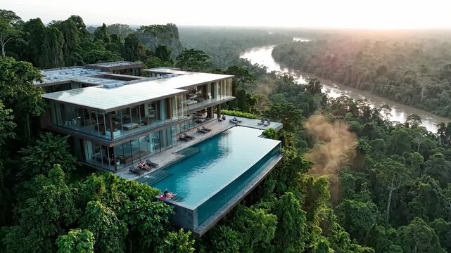 Contemporary house with pool overlooking jungle river.