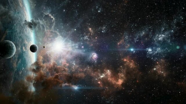 Dramatic space scene featuring multiple planets and nebulae with bright stellar flares and cosmic dust clouds in a vibrant galaxy