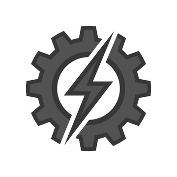 Lightning bolt symbol overlapping a dark mechanical gear.