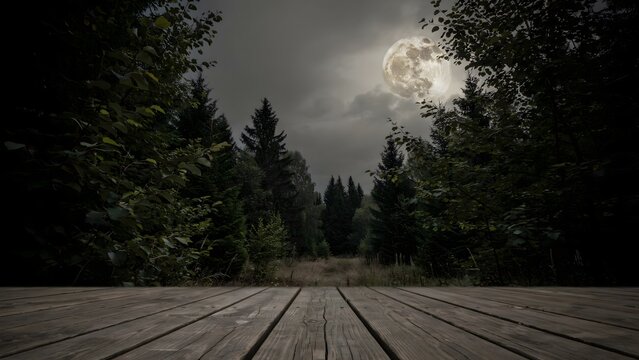 Full moon shining over a dark forest landscape viewed from a wooden deck platform.