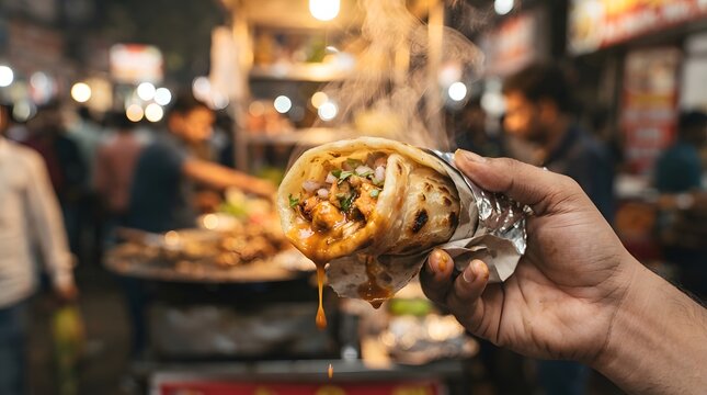 Hand holding hot kati roll wrap on busy street market