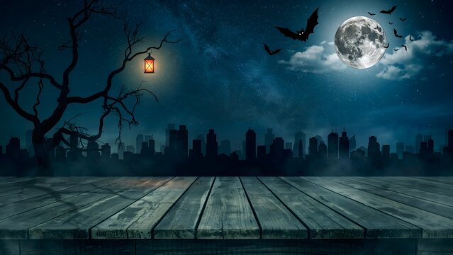 Halloween background with wooden table, full moon, bats and spooky city skyline at night