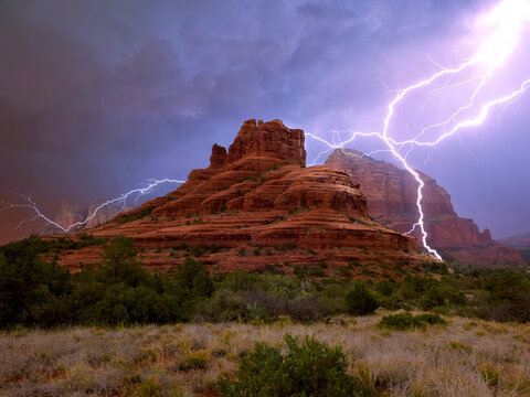 Dramatic Lightning strike over Bell Rock, Arizona, USA