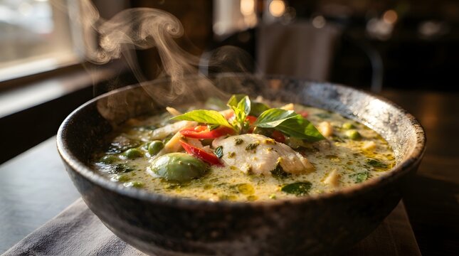 Traditional thai green curry with basil and coconut milk