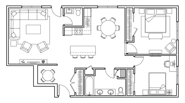 Two-Bedroom Apartment Floor Plan Blueprint Showing Living Room Kitchen Dining Area and Bathroom Layout