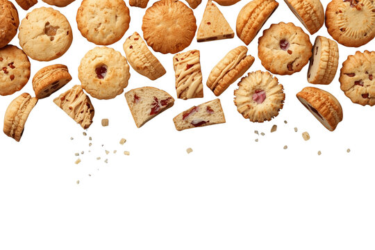 Wide top border of assorted cookies biscuits and scattered crumbs
