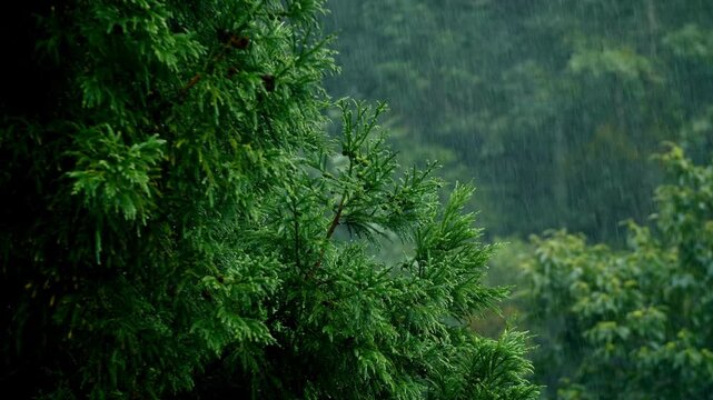 Lush green pine tree branches swaying gently in heavy rainfall with blurred forest background and atmospheric weather conditions