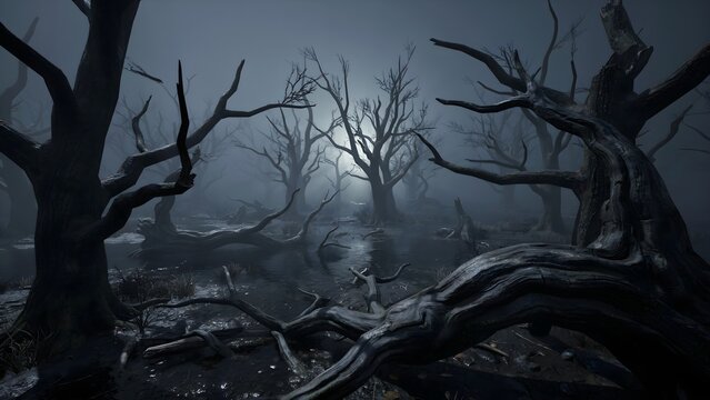 Spooky dark forest with bare trees at night under moonlight and thick fog