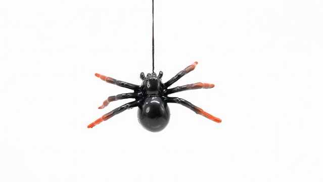 Black plastic spider hanging on a string isolated on a white background for Halloween decor.