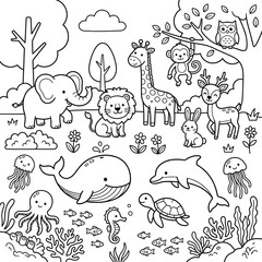Obraz premium Cute cartoon animals and children in a playful meadow scene.