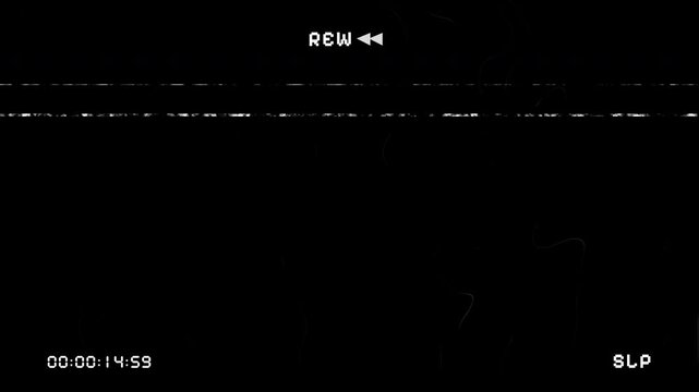 Retro VHS rewind effect featuring glitchy tracking lines and a countdown timecode on a black background. Old analog video tape defect with film grain and noise for cinematic overlays