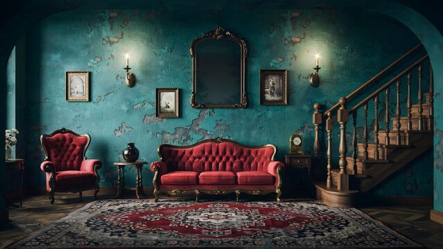 Vintage living room interior with red velvet sofa and armchair in a dark moody setting