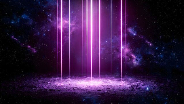 Abstract purple laser light beams on dark cosmic background with glowing particles
