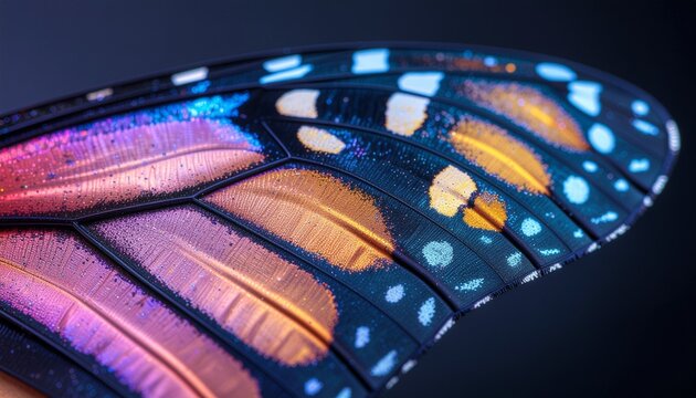 Butterfly wing close-up with blue spots and orange gradation on a dark background
