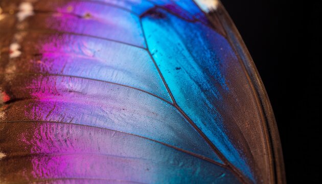 Butterfly wing close-up macro photography with purple and blue gradation on a black background