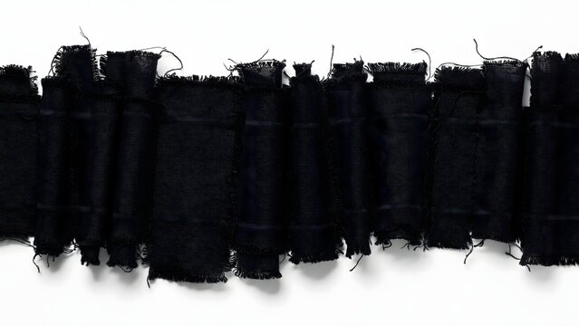 Black denim fabric strips with frayed edges arranged in a row on white background