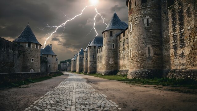 Ancient stone castle fortress with dramatic lightning strike during a dark stormy night.