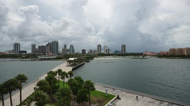 St petersburg, Florida, USA - 07 20 2026: The cloud landscape of St petersburg downtown, harbor and pier: aerial view