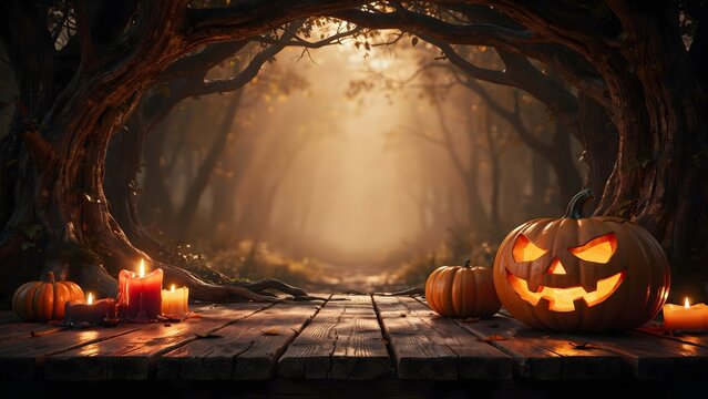 Halloween jack-o-lanterns with glowing candles on a wooden table in a dark forest