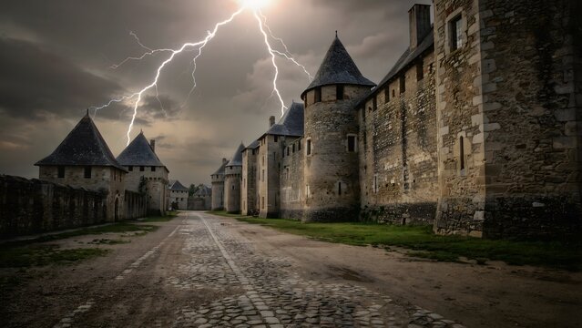 Lightning strike over ancient medieval stone castle walls and towers at night.