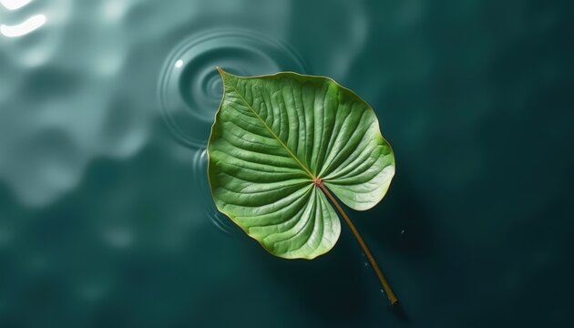 Tranquil water lily leaf floating on serene water surface creating gentle ripples. Water lily leaf showcases intricate vein patterns with surrounding circular ripples.