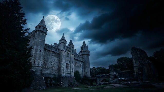 Haunting abandoned castle ruins under full moon with dramatic storm clouds and eerie lighting