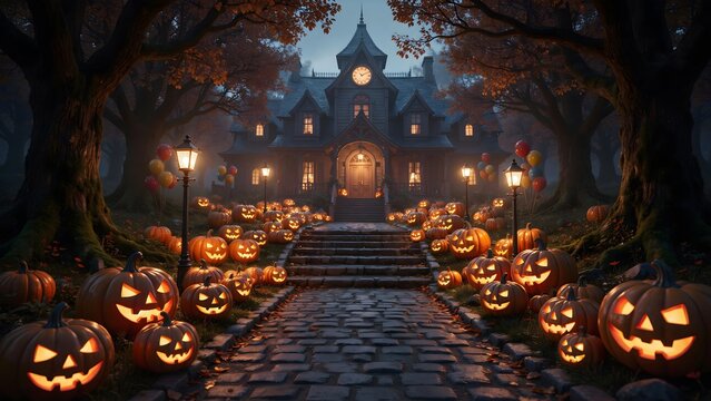 Spooky Halloween mansion with glowing jack-o-lanterns on a dark autumn night path.