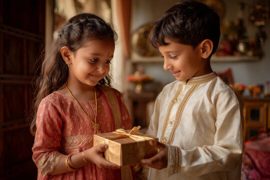 Beautiful Raksha Bandhan festival celebration featuring a loving brother and sister celebrating the sacred bond of siblings, with traditional rakhi, festive decorations, gifts, sweets, and a warm fami