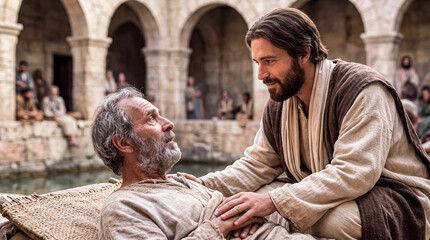 Obraz premium Jesus speaking with a sick man beside a pool of Bethesda. 