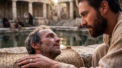 Obraz premium Jesus speaking with a sick man beside a pool of Bethesda. 