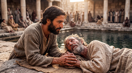 Obraz premium Jesus speaking with a sick man beside a pool of Bethesda. 