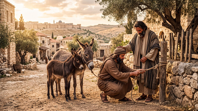 Two disciples of Jesus untie a donkey and her young colt.	