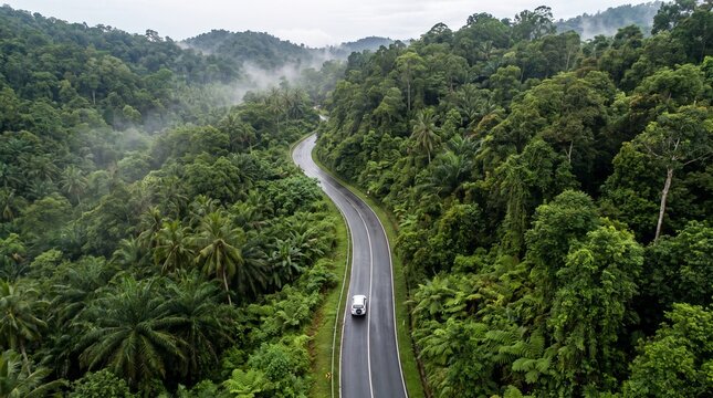 Forest Road view from above, Aerial view asphalt road in tropical tree forest with a road going through with car, Adventure in Asia background concept.