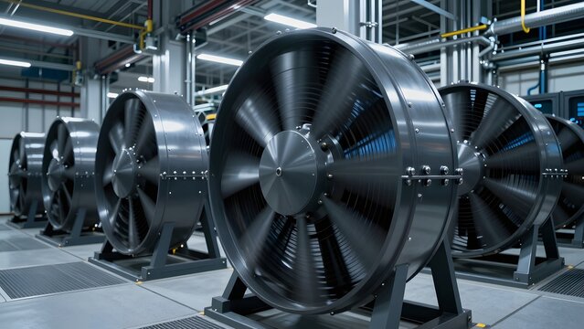 50. [STYLE] of massive industrial cooling fans spinning within a data center facility showing dynamic motion blur and metallic housing texture, cool ambient industrial lighting, deep steel gray and el